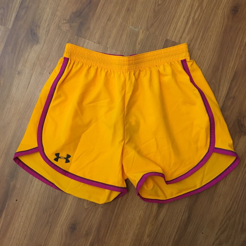 Under Armour Women's Yellow Shorts with Pink Trim